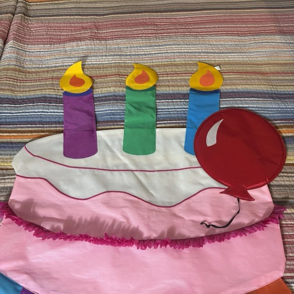 House Flag Happy Birthday Double Sided‎ Banner 28 x 48 Colorful Cake & Balloons